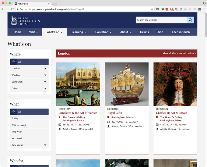 Royal Collection live What's On page